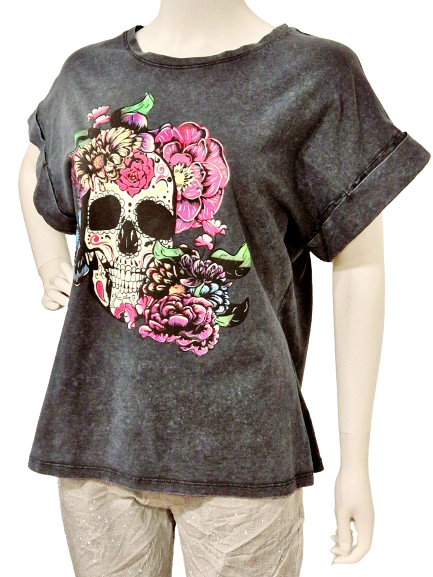 T-Shirt Skull&Flowers Stonewashed
