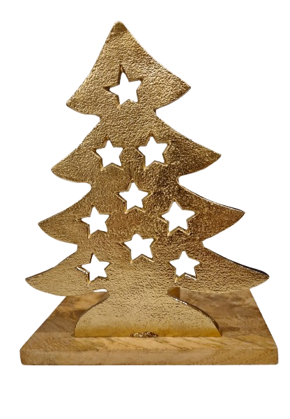 Teelichthalter Christmastree  auf Holzplatte Gold